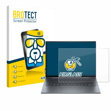 Face avant d’un emballage produit avec le logo de la marque BROTECT. À côté, l’appareil HP Dragonfly 13.5