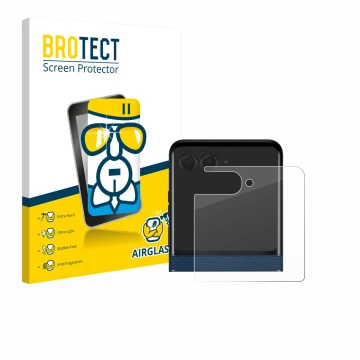 Face avant d’un emballage produit avec le logo de la marque BROTECT. À côté, l’appareil Motorola Razr 60 (Affichage arrière) e