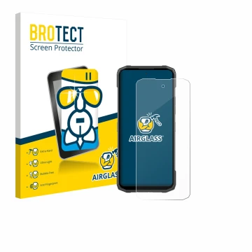 Face avant d’un emballage produit avec le logo de la marque BROTECT. À côté, l’appareil Doogee Blade 20 Turbo est représenté a