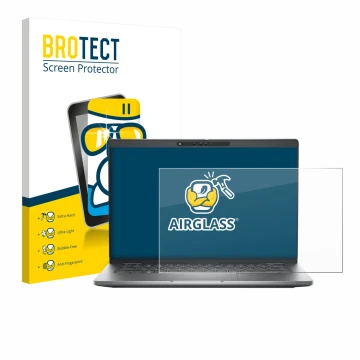 Face avant d’un emballage produit avec le logo de la marque BROTECT. À côté, l’appareil Dell Latitude 5330 est représenté avec