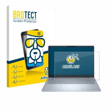 Face avant d’un emballage produit avec le logo de la marque BROTECT. À côté, l’appareil Dell 14 Plus Laptop est représenté ave