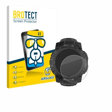 Face avant d’un emballage produit avec le logo de la marque BROTECT. À côté, l’appareil Garmin Instinct 3 Tactical AMOLED Edit