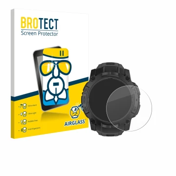 Face avant d’un emballage produit avec le logo de la marque BROTECT. À côté, l’appareil Garmin Instinct 3 Solar Tactical Editi
