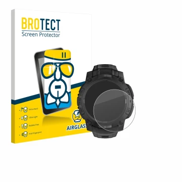 Face avant d’un emballage produit avec le logo de la marque BROTECT. À côté, l’appareil Garmin Instinct 3 Solar Tactical Editi