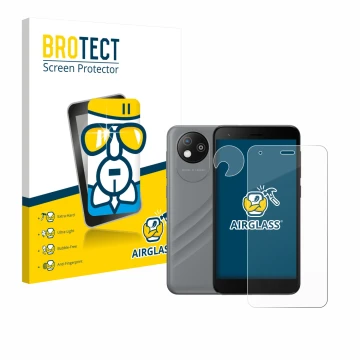 Face avant d’un emballage produit avec le logo de la marque BROTECT. À côté, l’appareil ZTE Blade A35 lite (Avant+Caméra) est 