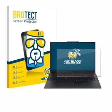 Face avant d’un emballage produit avec le logo de la marque BROTECT. À côté, l’appareil Lenovo ThinkPad E16 Gen 3 est représen