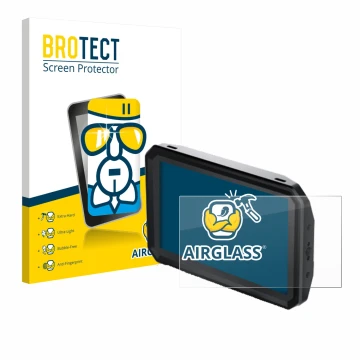 Face avant d’un emballage produit avec le logo de la marque BROTECT. À côté, l’appareil Blackmagic Design Pyxis Monitor 5