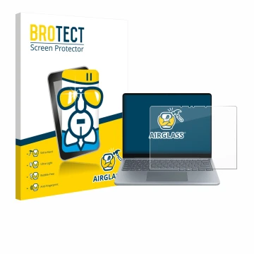 Face avant d’un emballage produit avec le logo de la marque BROTECT. À côté, l’appareil Microsoft Surface Laptop 13