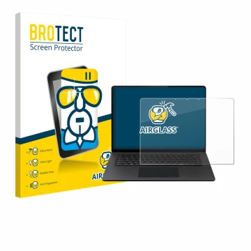 Face avant d’un emballage produit avec le logo de la marque BROTECT. À côté, l’appareil Microsoft Surface Laptop 15