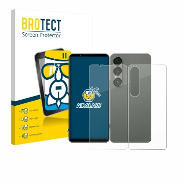Face avant d’un emballage produit avec le logo de la marque BROTECT. À côté, l’appareil Sony Xperia 1 VII (Avant+Arrière) est 