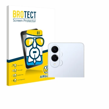 Face avant d’un emballage produit avec le logo de la marque BROTECT. À côté, l’appareil Samsung Galaxy S25 Edge (Caméra UNIQUE