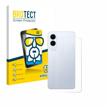 Face avant d’un emballage produit avec le logo de la marque BROTECT. À côté, l’appareil Samsung Galaxy S25 Edge (Arrière) est 