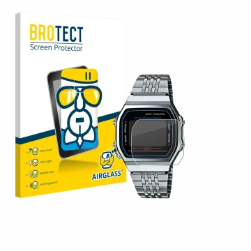 Face avant d’un emballage produit avec le logo de la marque BROTECT. À côté, l’appareil Casio iconic ABL-100WE-1A est représen
