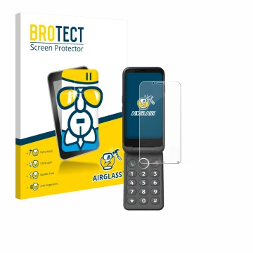 Face avant d’un emballage produit avec le logo de la marque BROTECT. À côté, l’appareil Doro Aurora A20 est représenté avec la