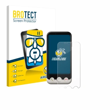 Face avant d’un emballage produit avec le logo de la marque BROTECT. À côté, l’appareil Doro Aurora A10 est représenté avec la