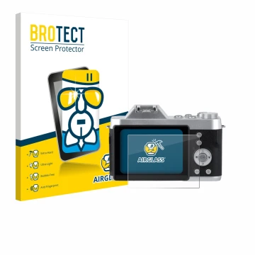 Face avant d’un emballage produit avec le logo de la marque BROTECT. À côté, l’appareil Rollei Powerflex 10x Retro est représe