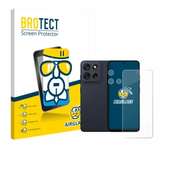 Face avant d’un emballage produit avec le logo de la marque BROTECT. À côté, l’appareil Motorola Moto G56 (Avant+Caméra) est r