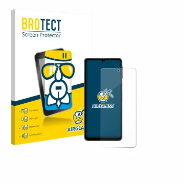 Face avant d’un emballage produit avec le logo de la marque BROTECT. À côté, l’appareil Sharp Aquos Sense 8 est représenté ave