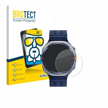 Face avant d’un emballage produit avec le logo de la marque BROTECT. À côté, l’appareil Samsung Galaxy Watch Ultra 2 (47 mm) e