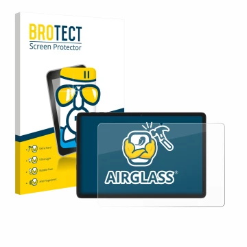 Face avant d’un emballage produit avec le logo de la marque BROTECT. À côté, l’appareil Tabwee T20 10.1