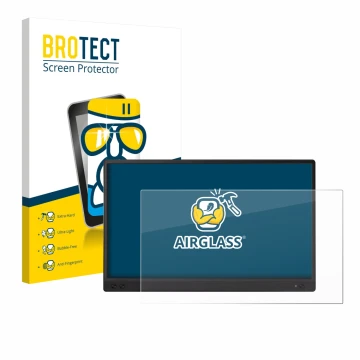 Face avant d’un emballage produit avec le logo de la marque BROTECT. À côté, l’appareil ASUS ZenScreen MB166C est représenté a