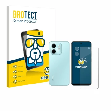 Face avant d’un emballage produit avec le logo de la marque BROTECT. À côté, l’appareil Infinix Smart 9 (Avant+Caméra) est rep