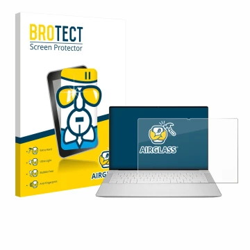 Face avant d’un emballage produit avec le logo de la marque BROTECT. À côté, l’appareil Dell 14 Premium Laptop est représenté 