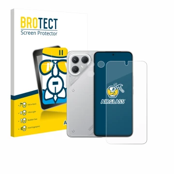 Face avant d’un emballage produit avec le logo de la marque BROTECT. À côté, l’appareil Tecno Pova 7 Pro (Avant+Caméra) est re