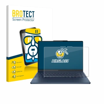 Face avant d’un emballage produit avec le logo de la marque BROTECT. À côté, l’appareil Lenovo Yoga Pro 9i Gen 10 Aura Edition