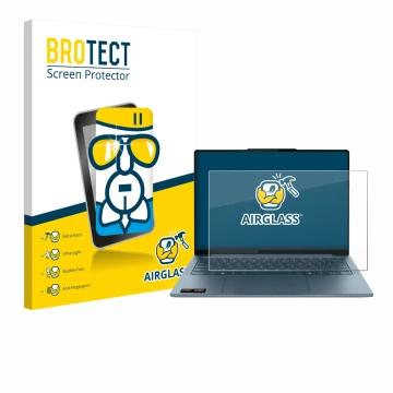 Face avant d’un emballage produit avec le logo de la marque BROTECT. À côté, l’appareil Lenovo Yoga Slim 7 Gen 10 14