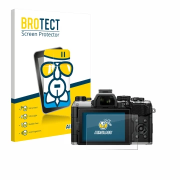 Face avant d’un emballage produit avec le logo de la marque BROTECT. À côté, l’appareil Olympus OM System OM-5 Mark II est rep