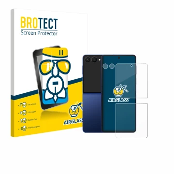 Face avant d’un emballage produit avec le logo de la marque BROTECT. À côté, l’appareil Samsung Galaxy Z Flip 7 (Avant+Caméra)