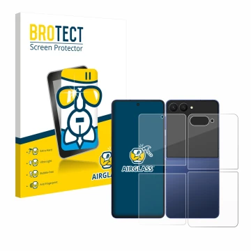 Face avant d’un emballage produit avec le logo de la marque BROTECT. À côté, l’appareil Samsung Galaxy Z Flip 7 (Avant+Arrière