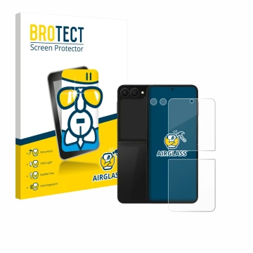 Face avant d’un emballage produit avec le logo de la marque BROTECT. À côté, l’appareil Samsung Galaxy Z Flip 7 FE (Avant+Camé