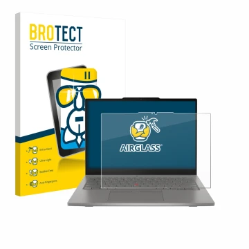 Face avant d’un emballage produit avec le logo de la marque BROTECT. À côté, l’appareil Lenovo ThinkPad L13 2-in-1 Gen 6 est r