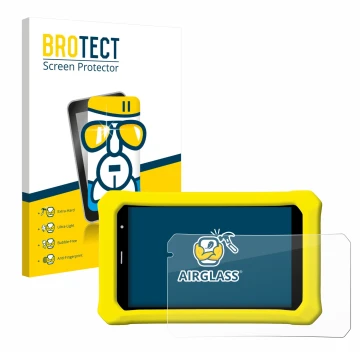 Face avant d’un emballage produit avec le logo de la marque BROTECT. À côté, l’appareil Clementoni Clempad 8