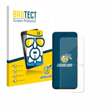 Face avant d’un emballage produit avec le logo de la marque BROTECT. À côté, l’appareil Xiaomi MIX Flip est représenté avec la