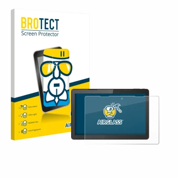 Face avant d’un emballage produit avec le logo de la marque BROTECT. À côté, l’appareil Hannspree Pad 13.3