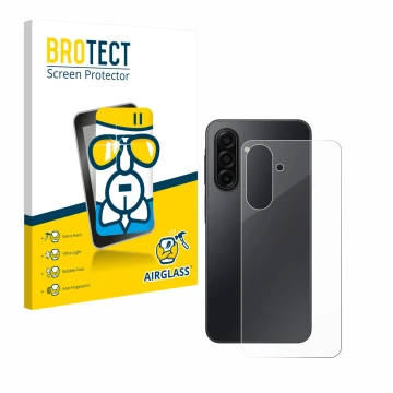 Face avant d’un emballage produit avec le logo de la marque BROTECT. À côté, l’appareil Samsung Galaxy A17 5G (Arrière) est re