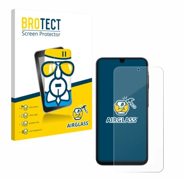 Face avant d’un emballage produit avec le logo de la marque BROTECT. À côté, l’appareil Samsung Galaxy A17 4G est représenté a