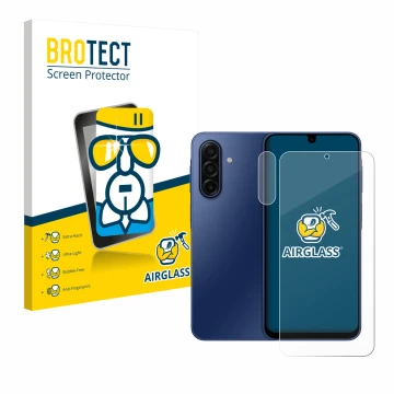 Face avant d’un emballage produit avec le logo de la marque BROTECT. À côté, l’appareil Samsung Galaxy A17 4G (Avant+Caméra) e