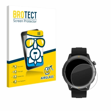 Face avant d’un emballage produit avec le logo de la marque BROTECT. À côté, l’appareil AGM Legion Watch 1.43
