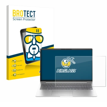 Face avant d’un emballage produit avec le logo de la marque BROTECT. À côté, l’appareil HP EliteBook 6 G1i 13 est représenté a