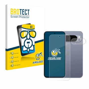 Face avant d’un emballage produit avec le logo de la marque BROTECT. À côté, l’appareil Google Pixel 10 Pro XL (Avant+Caméra) 