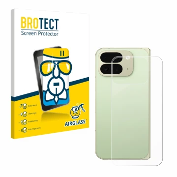 Face avant d’un emballage produit avec le logo de la marque BROTECT. À côté, l’appareil Google Pixel 10 Pro Fold (Arrière) est