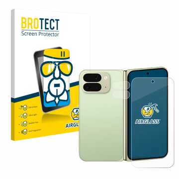 Face avant d’un emballage produit avec le logo de la marque BROTECT. À côté, l’appareil Google Pixel 10 Pro Fold (Avant+Caméra