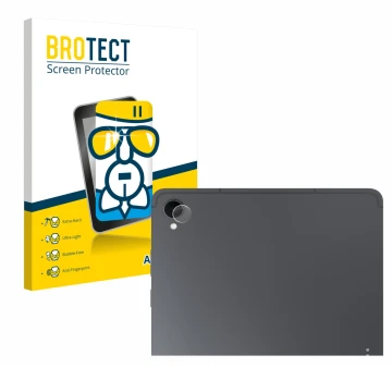 Face avant d’un emballage produit avec le logo de la marque BROTECT. À côté, l’appareil Samsung Galaxy Tab S11 (Caméra UNIQUEM