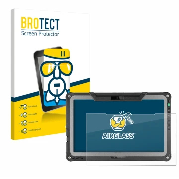 Face avant d’un emballage produit avec le logo de la marque BROTECT. À côté, l’appareil Getac F110 G7 est représenté avec la p