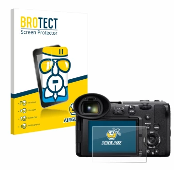 Face avant d’un emballage produit avec le logo de la marque BROTECT. À côté, l’appareil Sony Cinema Line FX2 est représenté av