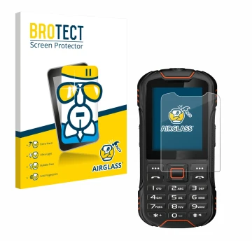 Face avant d’un emballage produit avec le logo de la marque BROTECT. À côté, l’appareil Gigaset GLX8 est représenté avec la pr